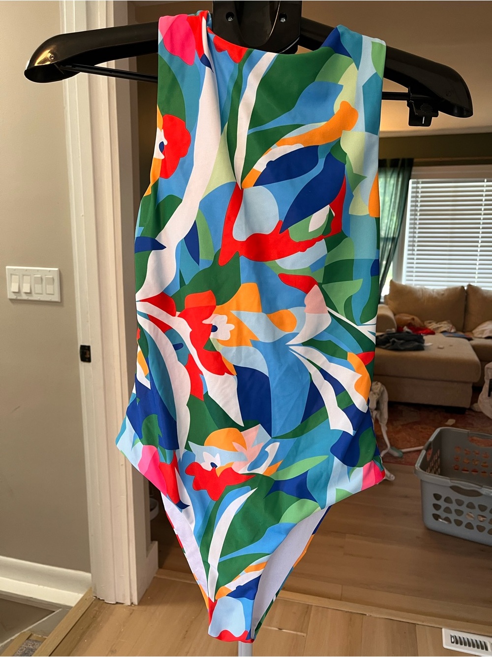 1980s Inspired Colorful Abstract Floral Women's One Piece Swimsuit Size M- Multi